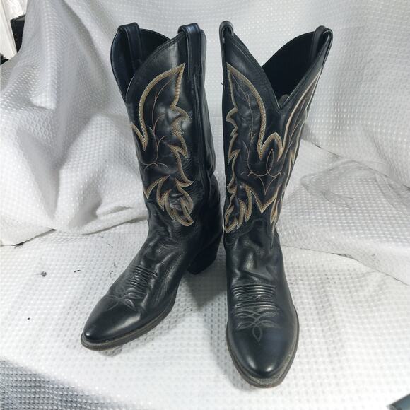 JUSTIN! BLACK GENUINE LEATHER, WHITE & GOLD FANCY STITCHED COWBOY BOOTS! SZ 9D main image 2